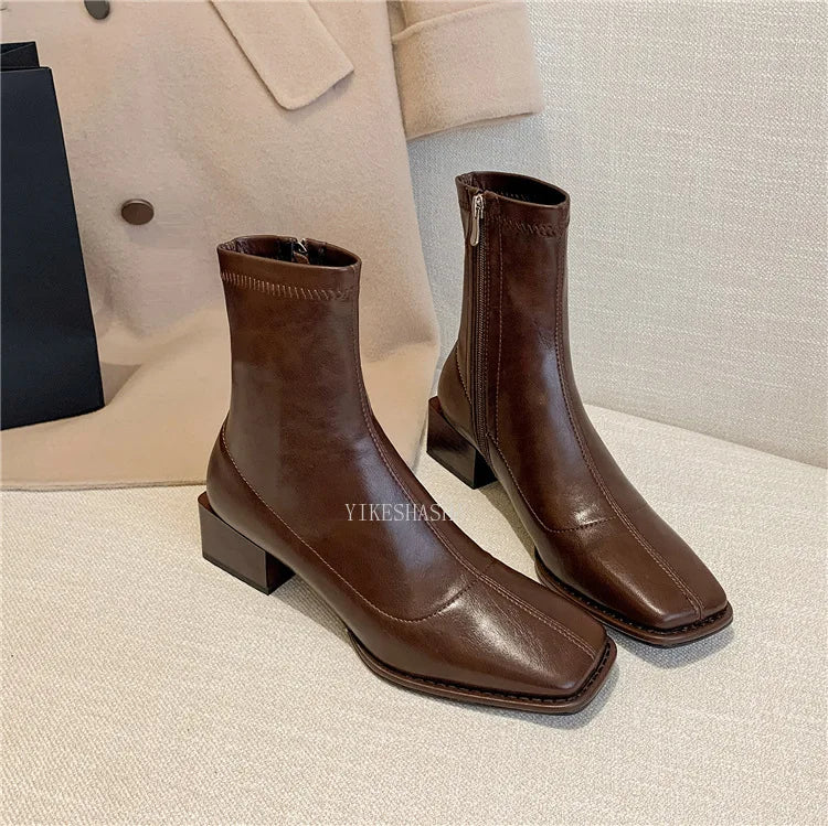 r Square Toe British Mid-heel Ankle Boots