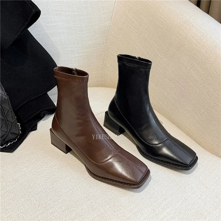 r Square Toe British Mid-heel Ankle Boots